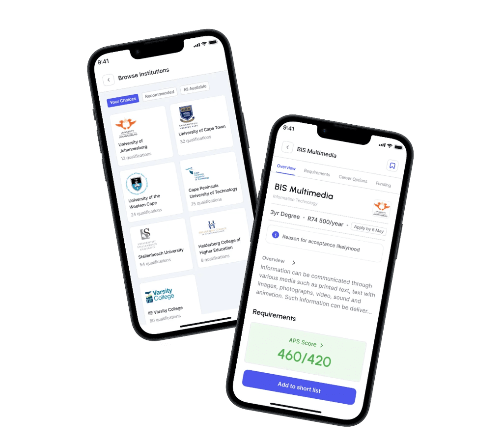 Mobile app screens showing universities and qualifications